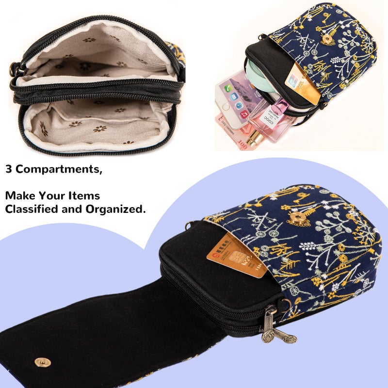 Goodhan Embroidery Flowers Canvas Crossbody Bag, Women Messenger Bag, Cellphone Pouch Purse (Blue) - Image 4